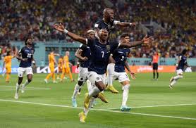 Soccer Football - FIFA World Cup Qatar 2022 - Group A - Netherlands v Ecuador - Khalifa International Stadium, Doha, Qatar - November 25, 2022 Ecuador's Pervis Estupinan celebrates scoring a goal with Enner Valencia that was later disallowed REUTERS/Carl Recine