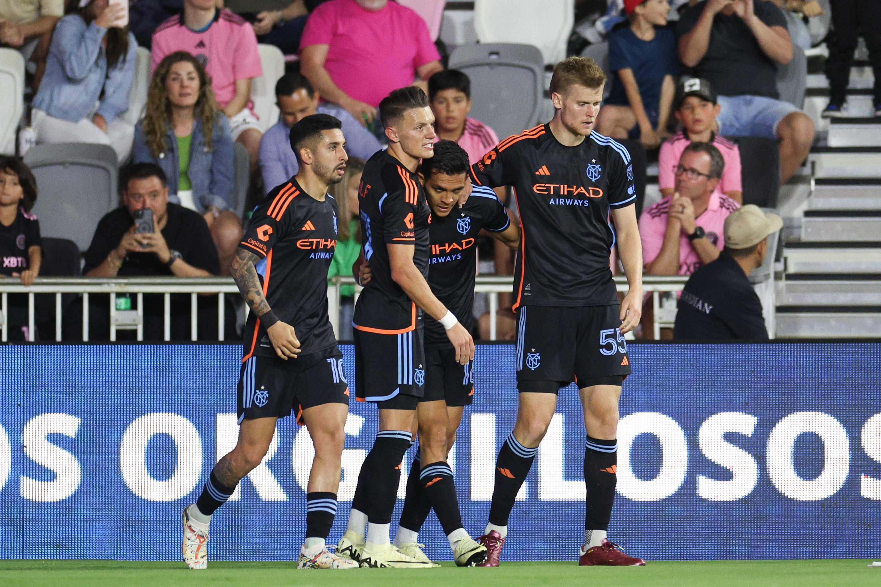 Mar 30, 2024; Fort Lauderdale, Florida, USA; New York City FC forward Alonso Martinez (16) celebrates with teammates after scoring a goal against Inter Miami CF during the first half at Chase Stadium. Mandatory Credit: Nathan Ray Seebeck-Imagn Images