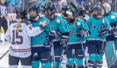 5/1/24 New York and Ottawa players shake hands after the match following one of hockey's greatest traditions. Mandatory Credit: PWHL