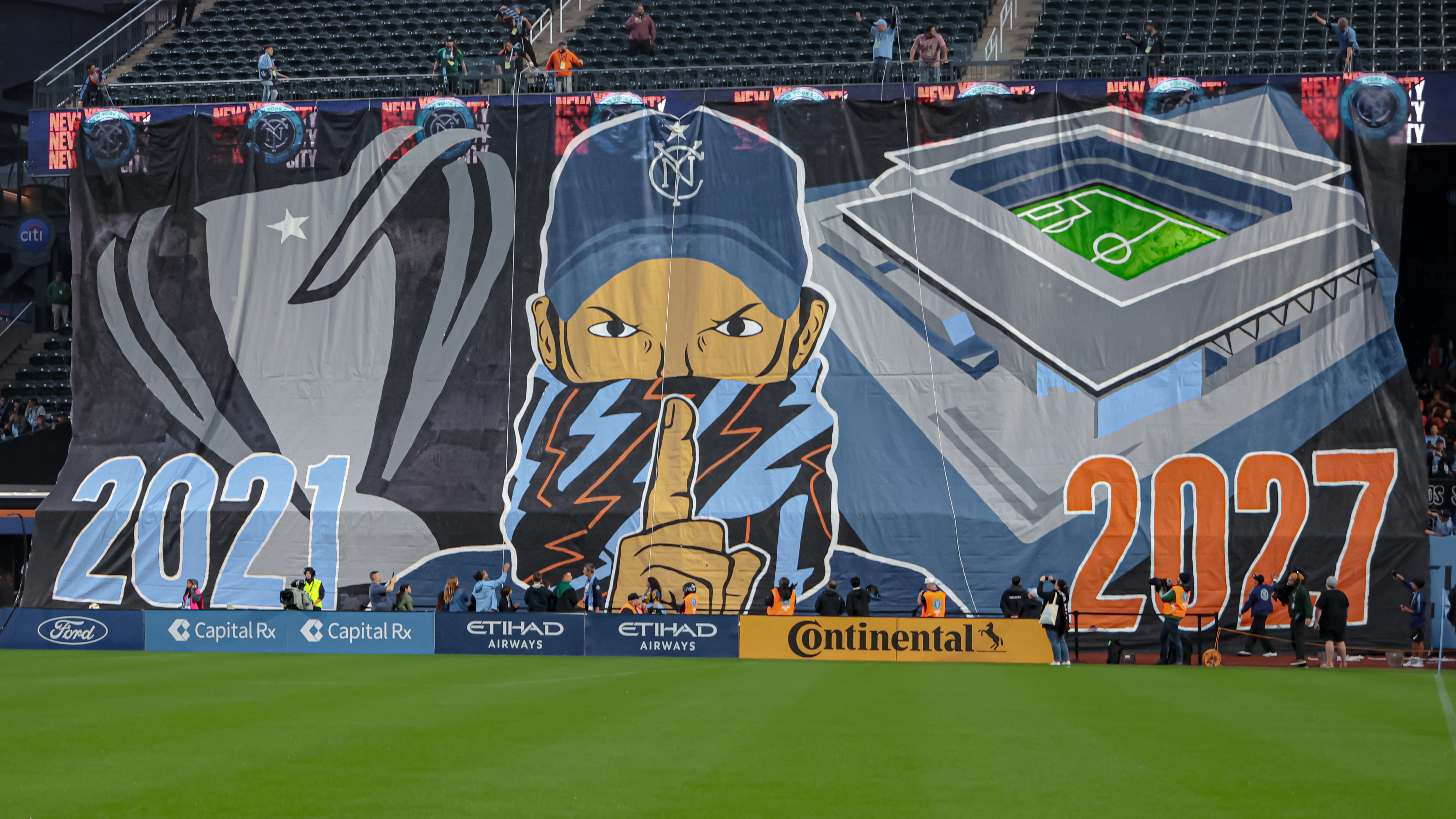 May 18, 2024; Queens, New York, USA; A New York City FC TIFO is displayed before the match against the New York Red Bulls at Citi Field. Mandatory Credit: Vincent Carchietta-Imagn Images