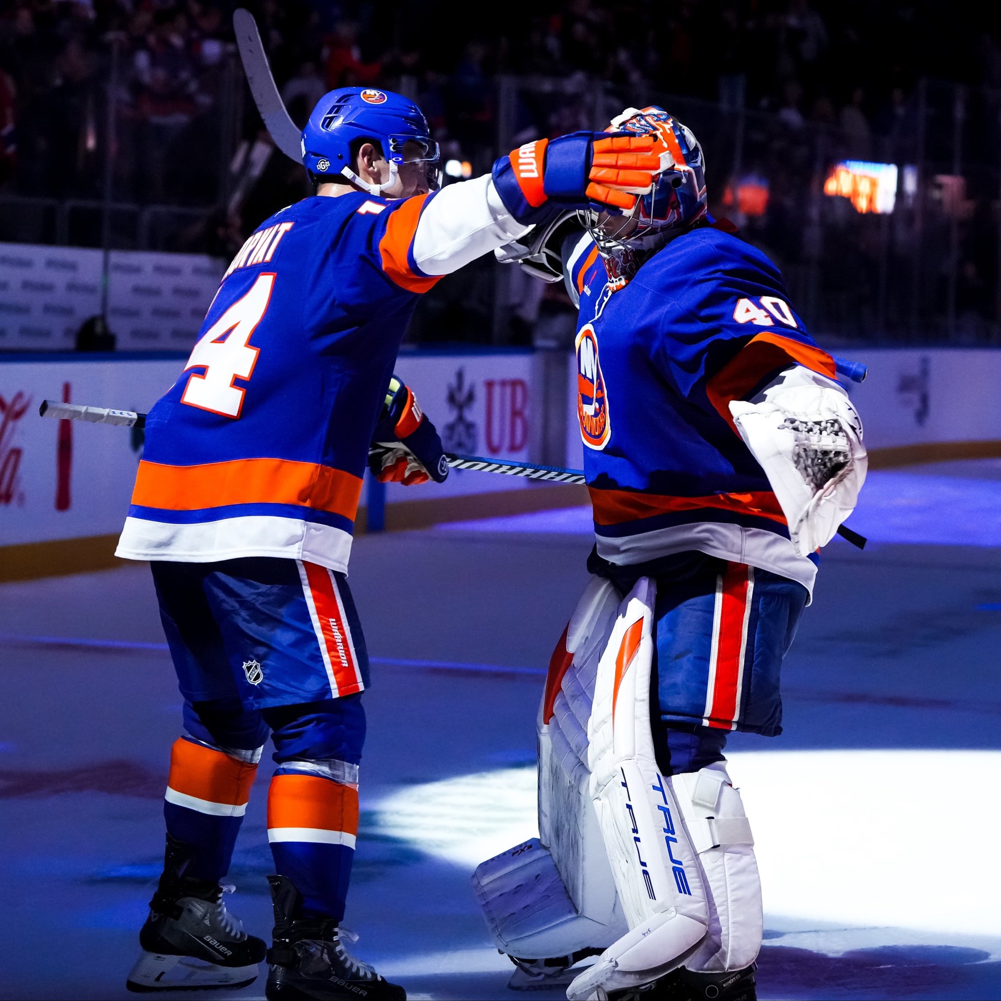 Elmont, NY UBS Arena| New Islanders goalie Varlamov celebrating the shoot out win. Mandatory Credit: NY Islanders