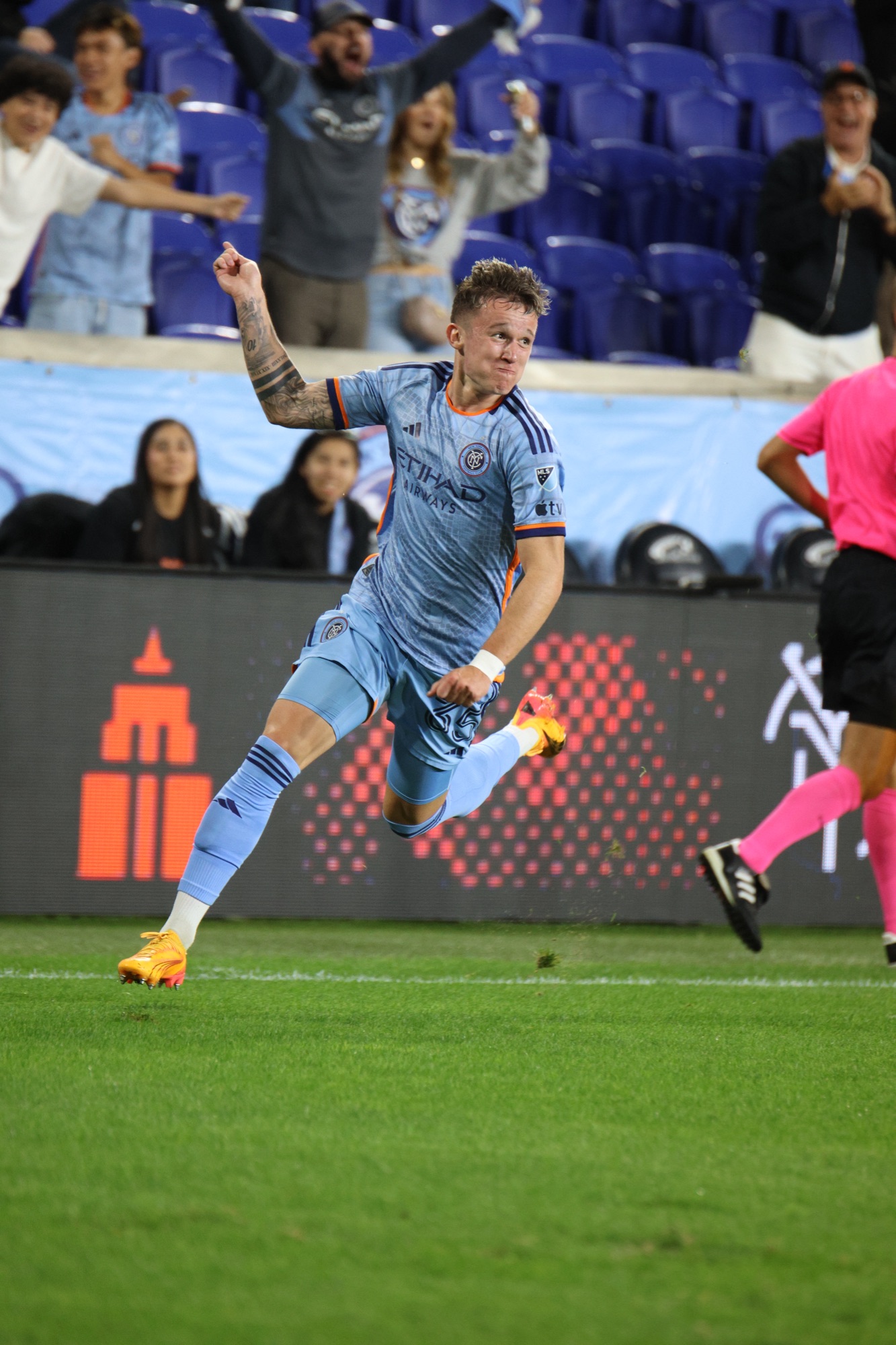 10/2/24 Harrison, New Jersey| Red Bull Arena| Mitja Ilenic celebrating first career MLS goal and goal for Club. Mandatory Credit: Jose Pichirilo/Bad Dawg Sports