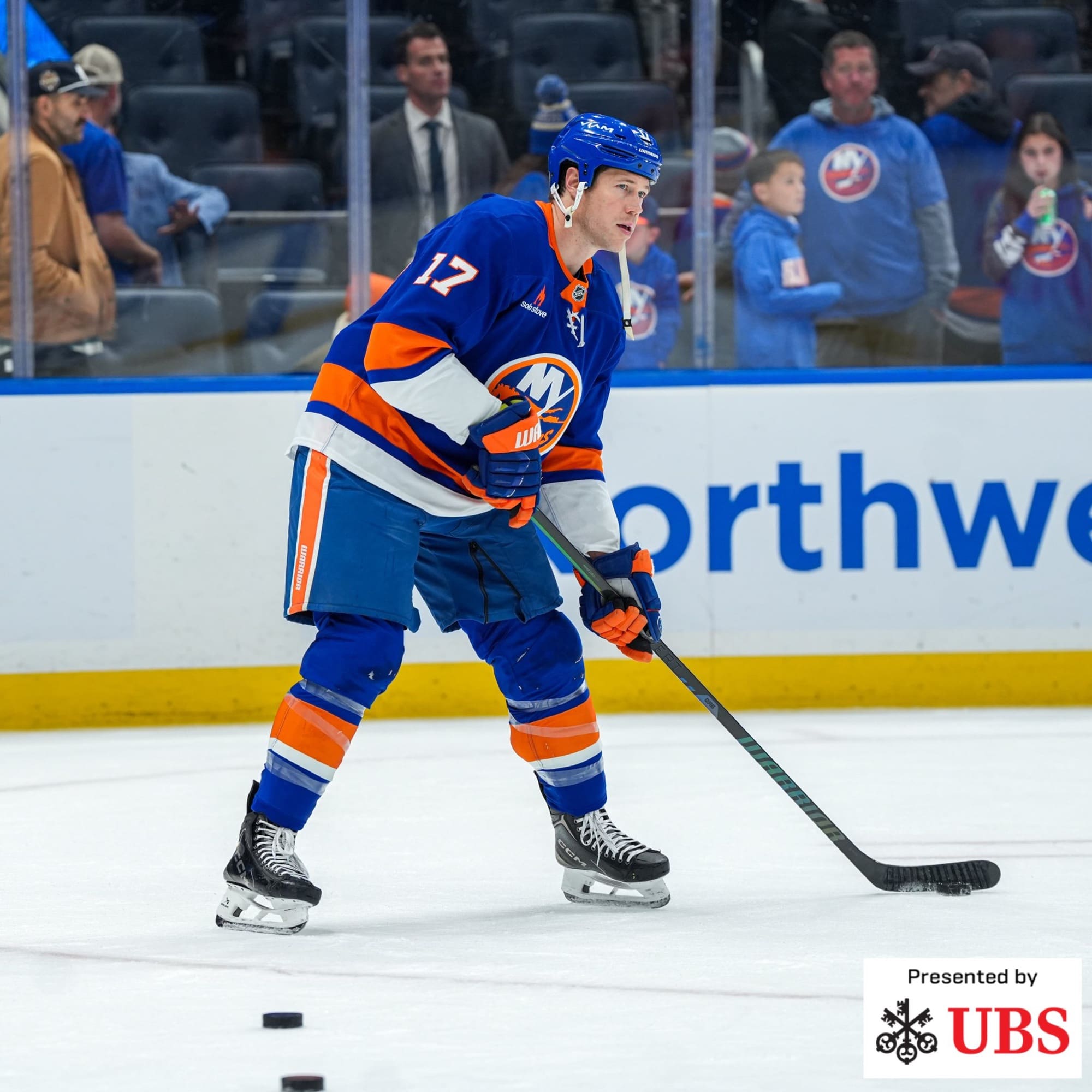 Matt Martin Warming up before his first appearance of the season for the Isles. Mandatory Credit: NY Islanders