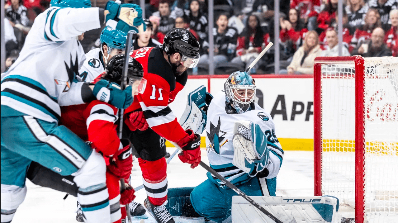 11/10/24 Newark, NJ Mackenzie Blackwood makes save on Stefan Noesen. Mandatory Credit: Andrew Maclean, Tom Horak and Getty Images
