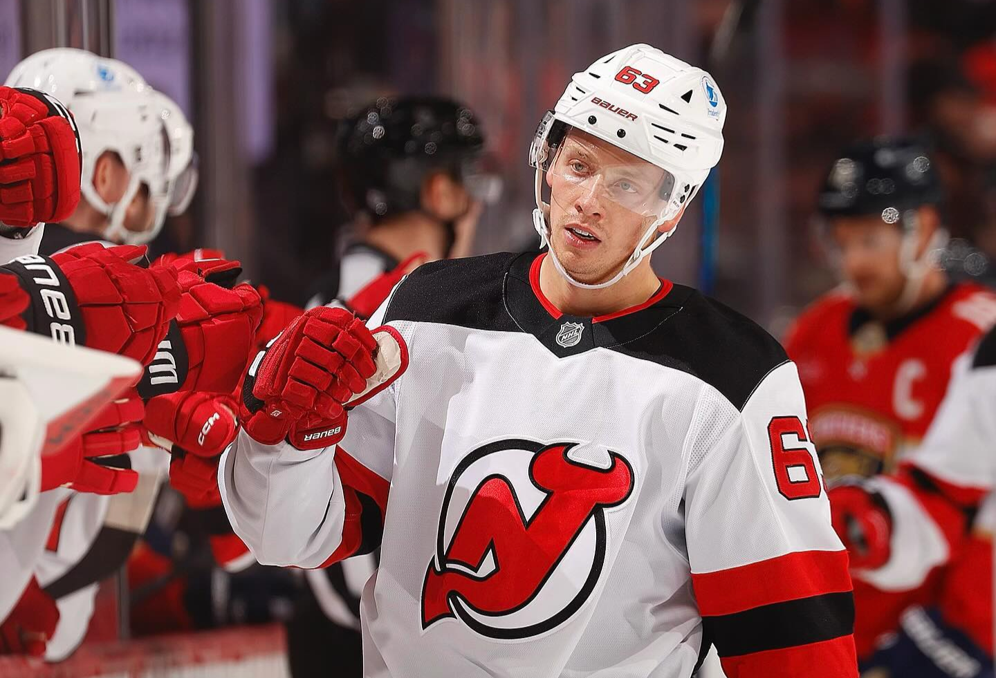 11/14/24 Sunrise, FL Jesper Bratt after scoring a goal. Mandatory Credit: New Jersey Devils/ Andrew Maclean