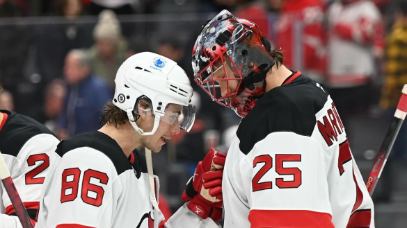 11/29/24 Detroit, MI Jack Hughes player celebrates win with goaltender Jacob Markstrom Mandatory Credit: New Jersey Devils/ Andrew Maclean