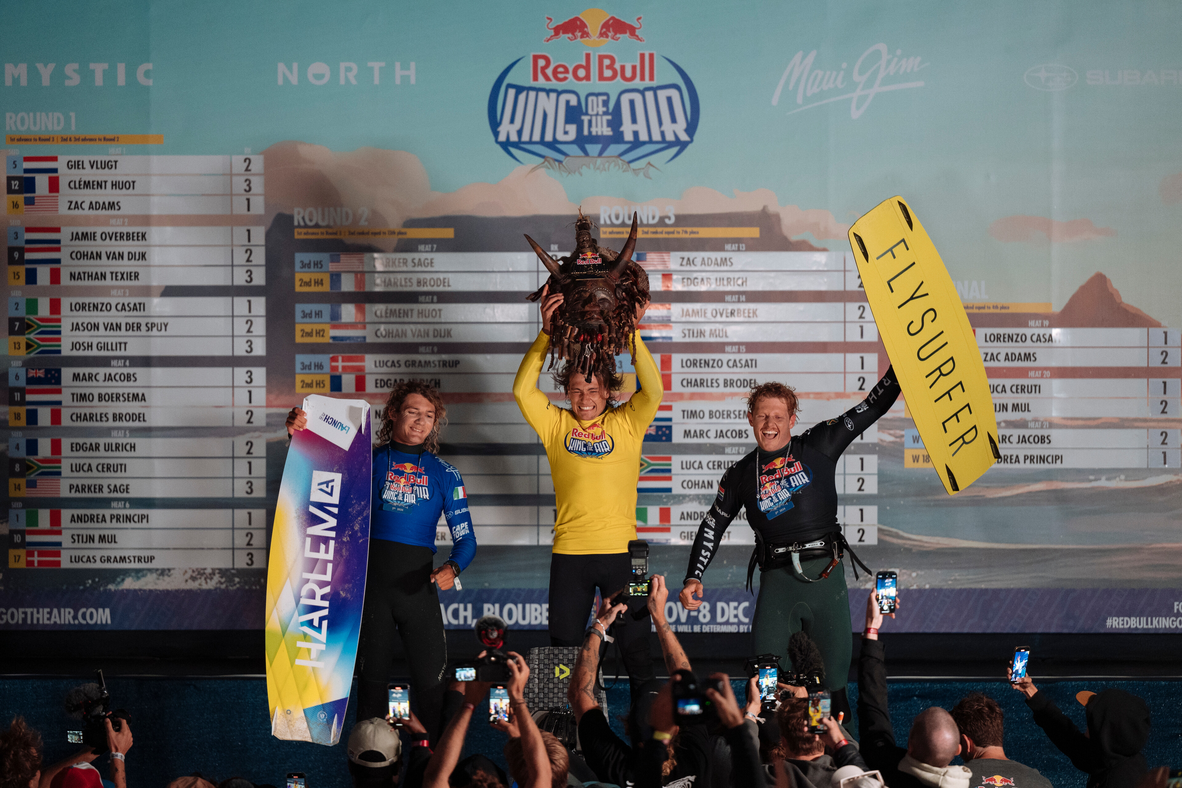 12/8/24 Men's division Podium (L-R Lorenzo Casati, Andrea Principi, Luca Ceruti ) seen during Day 2 of Red Bull King Of The Air in Cape Town, South Africa on December 8, 2024. // Wayne Reiche / Red Bull Content Pool // SI202412080383 //