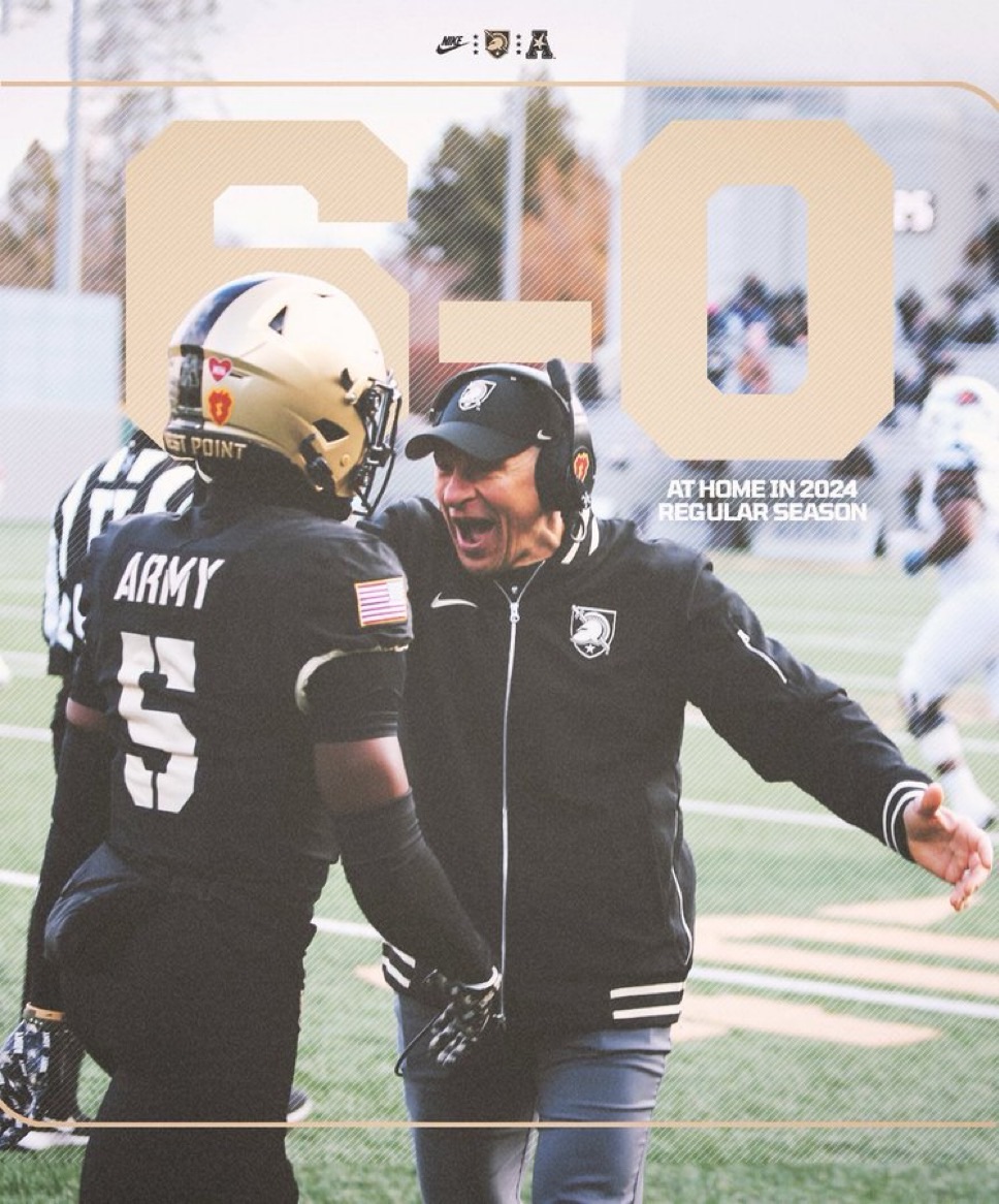 11/30/24 West Point, NY Michie Stadium| Army coach celebrating with running-back Jarel Dickson. Mandatory Credit: U.S. Army Football