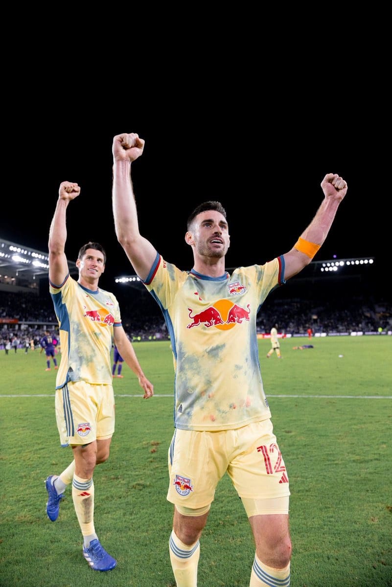 11/30/24 Orlando, FL Inter&Co Stadium| New York Red Bulls defenders Sean and Dylan Nealis celebrating the win over Orlando and moving on to the MLS Cup Finals. Mandatory Credit: NY Red Bulls