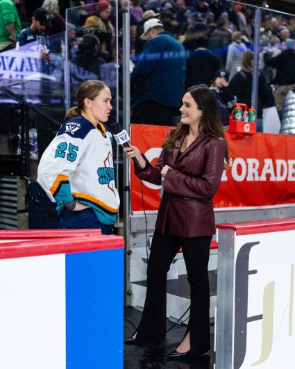 12/1/24 St. Paul, MN Xcel Energy Center| Sirens Alex Carpenter being interviewed post-game after getting the OT winner and second goal on the night. Mandatory Credit: PWHL