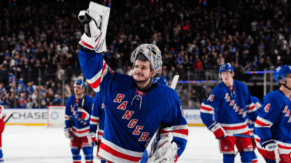 1/18/25 New York, NY MSG| Igor celebrates shutout victory after shootout win. Mandatory Credit:NY Rangers