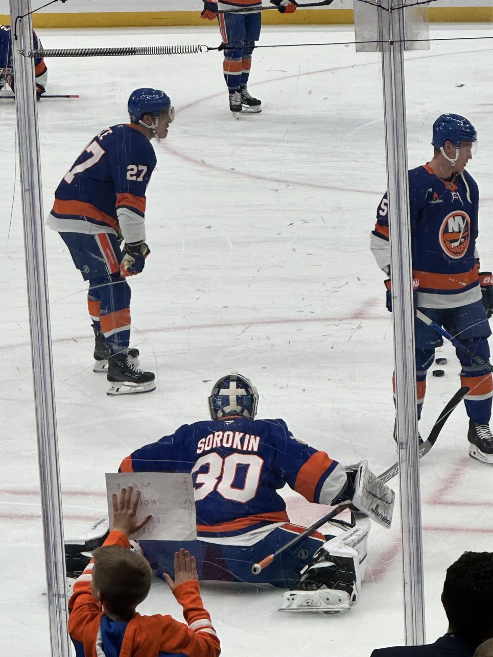 1/28/25 Elmont, NY UBS Arena| Sorokin warming up before the showdown with Makar and the Avs. Mandatory Credit: Bad Dawg Sports/ JJ Pavlick