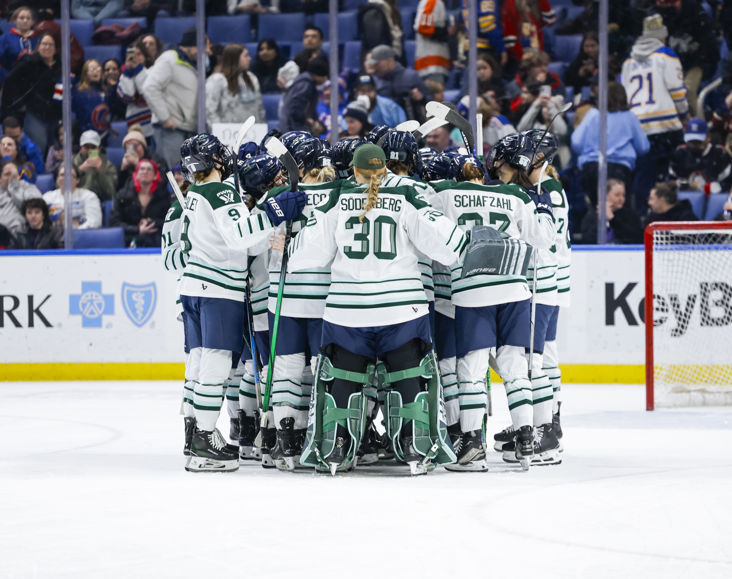 2/23/25 Buffalo, NY KeyBank Arena| Boston Fleet celebrate their shoot-out win over the New York Sirens. Mandatory Credit: PWHL