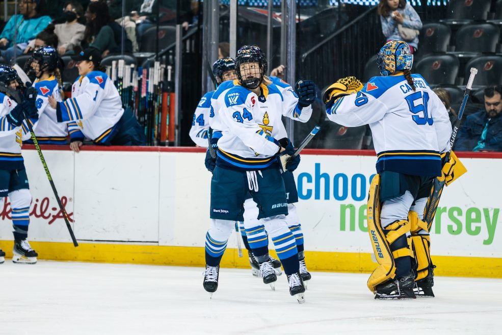 2/19/25 Newark, NJ Prudential Center| Toronto Celebrates win over Sirens. Mandatory Credit: Nala Burton/New York Sirens/PWHL