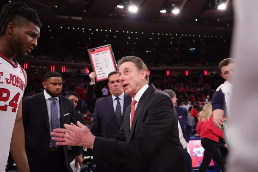 2/16/25 New York City, NY Madison Square Garden| Naismith Basketball Hall of Fame Head Coach Rick Pitino talks to the team inside of the huddle. Mandatory Credit: St John's University