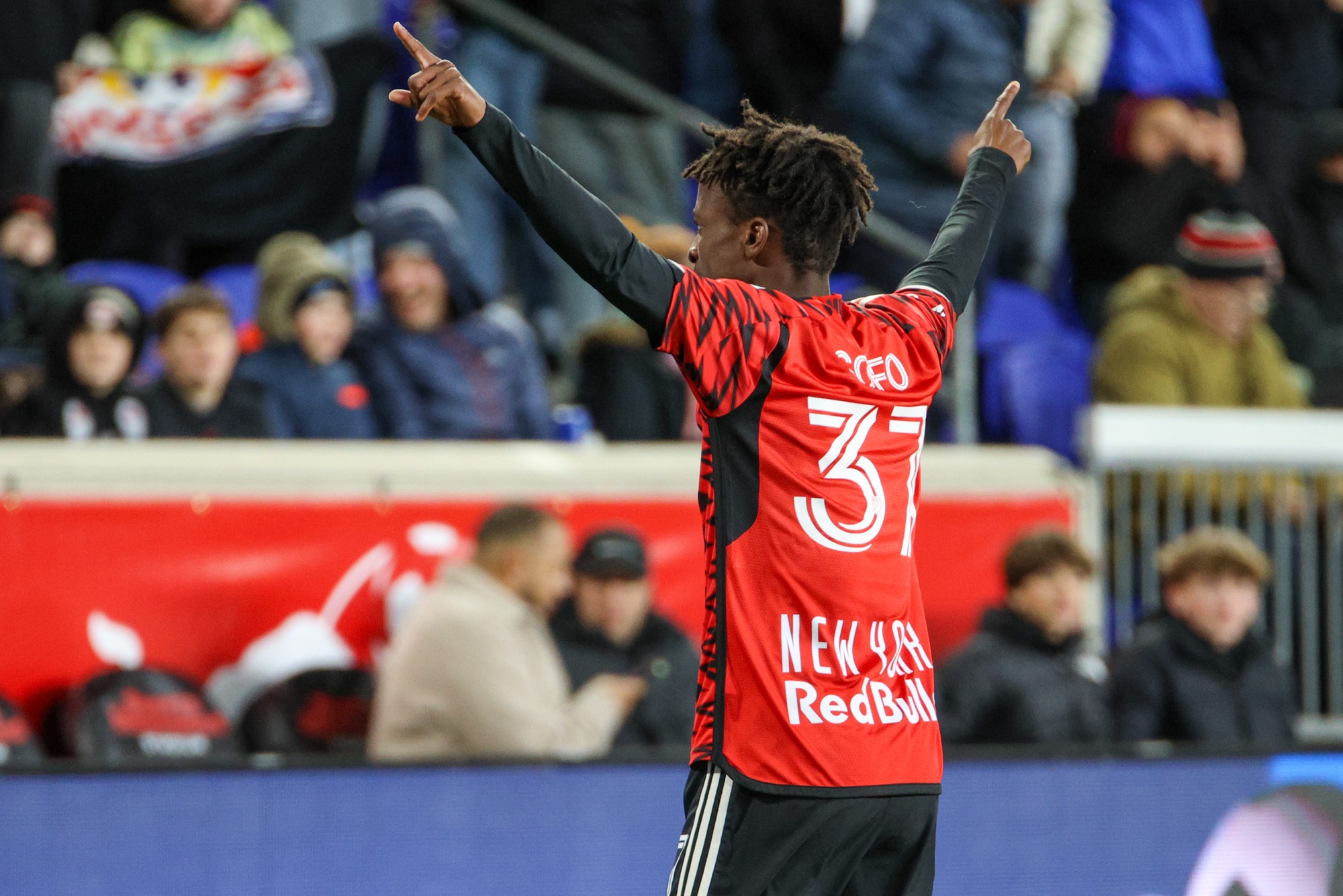3/1/25, Harrison, New Jersey Sports Illustrated Stadium, Mohammed Sofo #37 of the New York Red Bulls celebrates scoring during the first half: Jose Pichirilo /Bad Dawg Sports