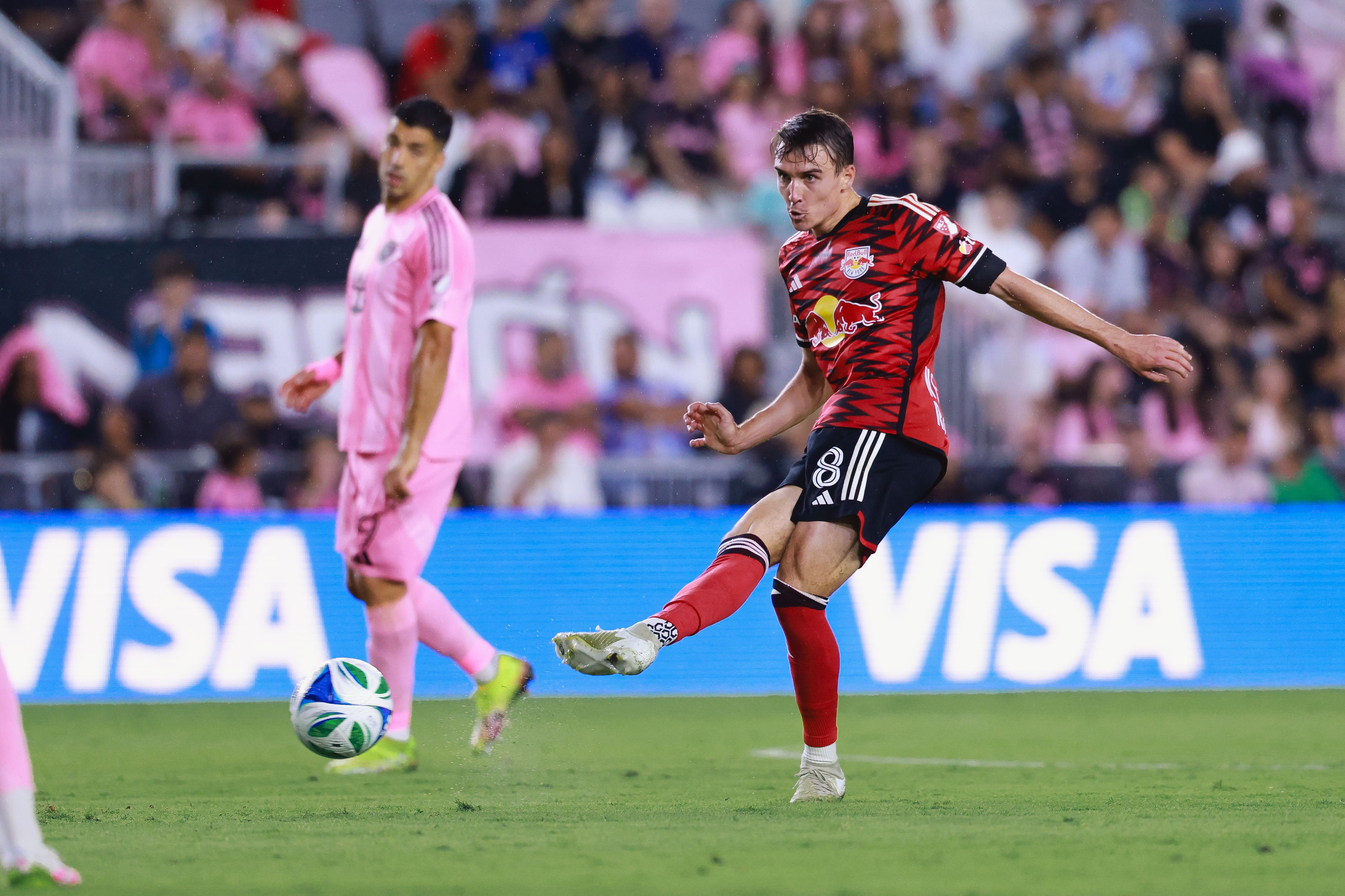 5/3/2025 Chase Stadium Fort Lauderdale, FL Peter Stroud takes a shot Photo by NY Red Bulls