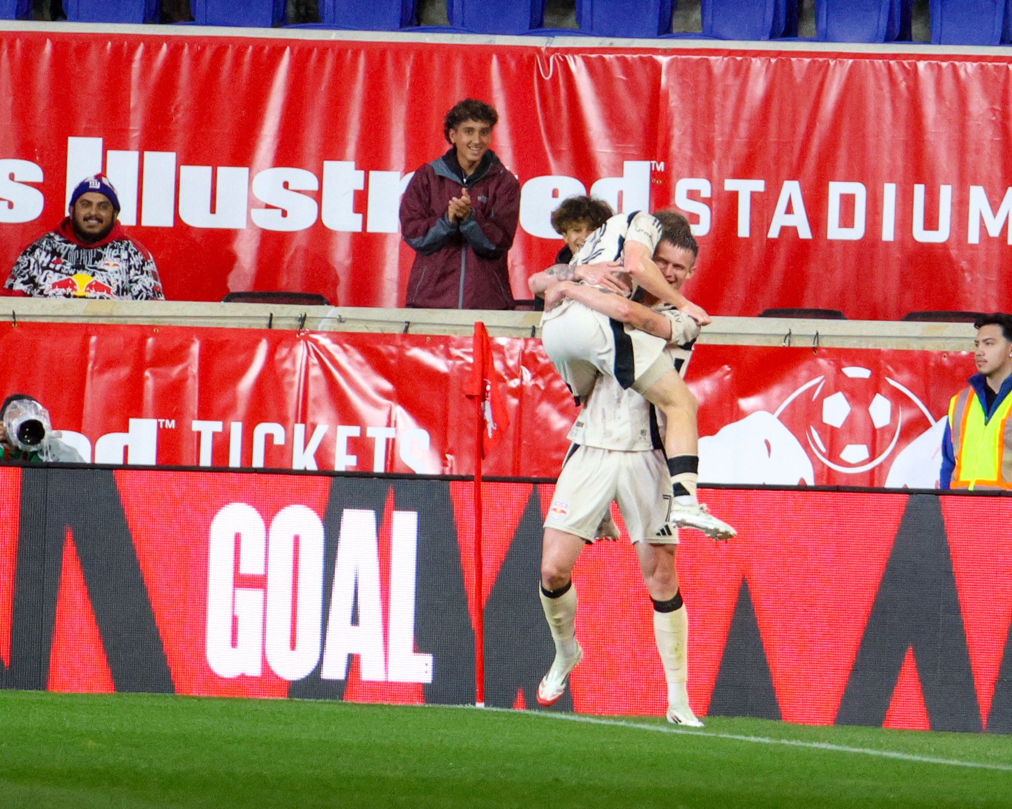5/28/25, Harrison, New Jersey, Sports illustrated Stadium, #7 Wiktor Bogacz of the New York Red Bulls celebrates after scoring a goal in the first half against Charlotte FC. Jose Pichirilo /Bad Dawg Sports