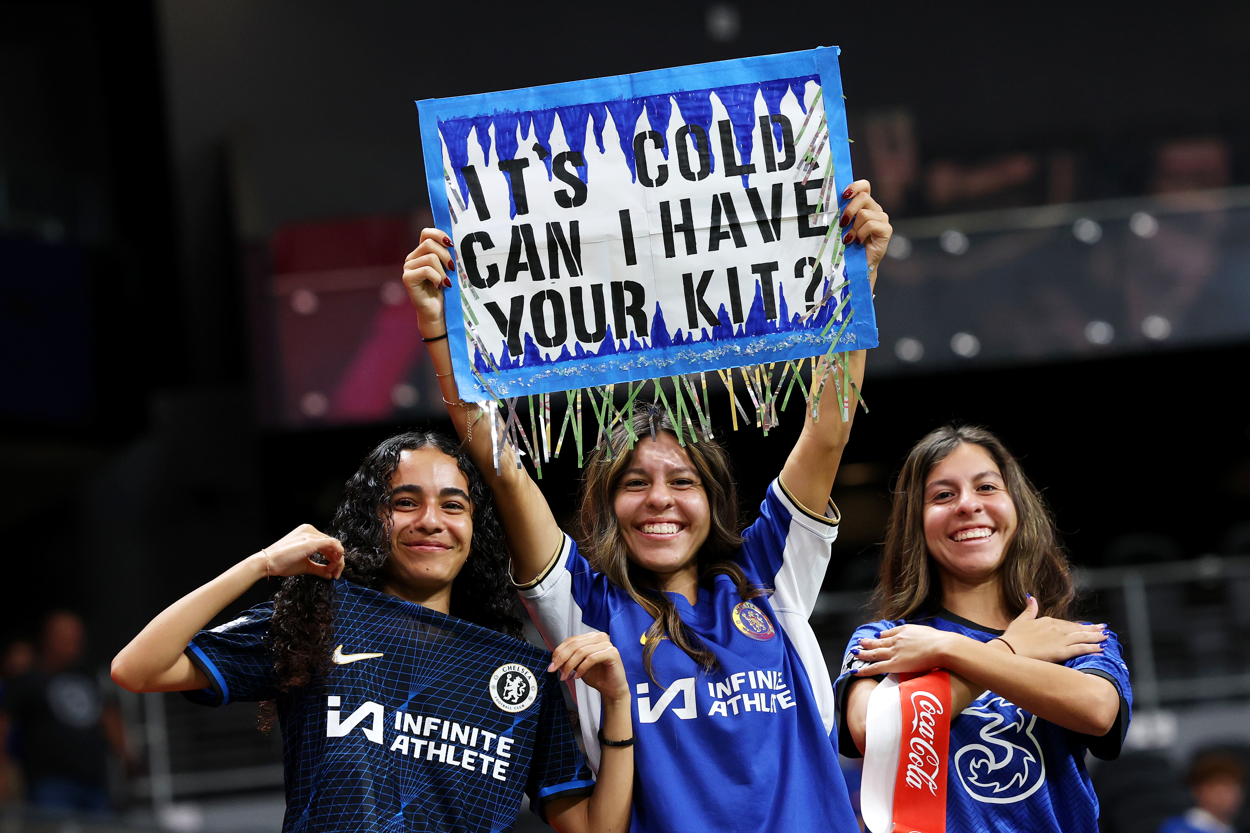 ATLANTA, GEORGIA - JUNE 16: Fans hold up a sign in support of Chelsea FC prior to the FIFA Club World Cup 2025 group D match between Chelsea FC and Los Angeles Football Club at Mercedes-Benz Stadium on June 16, 2025 in Atlanta, Georgia. (Photo by Michael Regan - FIFA/FIFA via Getty Images)