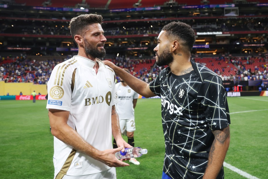 ATLANTA, GEORGIA - JUNE 16: Olivier Giroud #9 of LAFC speaks with Reece James #24 of Chelsea FC after the FIFA Club World Cup 2025 group D match between Chelsea FC and Los Angeles Football Club at Mercedes-Benz Stadium on June 16, 2025 in Atlanta, Georgia. (Photo by Michael Regan - FIFA/FIFA via Getty Images)
