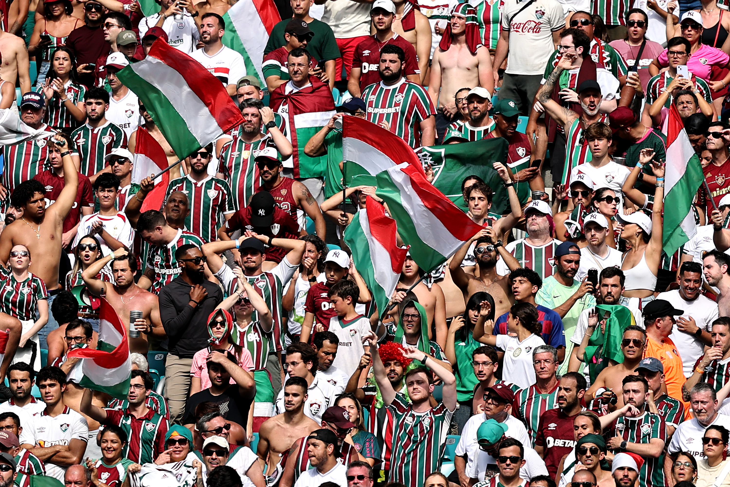 MIAMI GARDENS, FLORIDA - JUNE 25: Fans of Fluminense FC look on from the stands following the FIFA Club World Cup 2025 group F match between Mamelodi Sundowns FC and Fluminense FC at Hard Rock Stadium on June 25, 2025 in Miami Gardens, Florida. (Photo by Carmen Mandato - FIFA/FIFA via Getty Images)