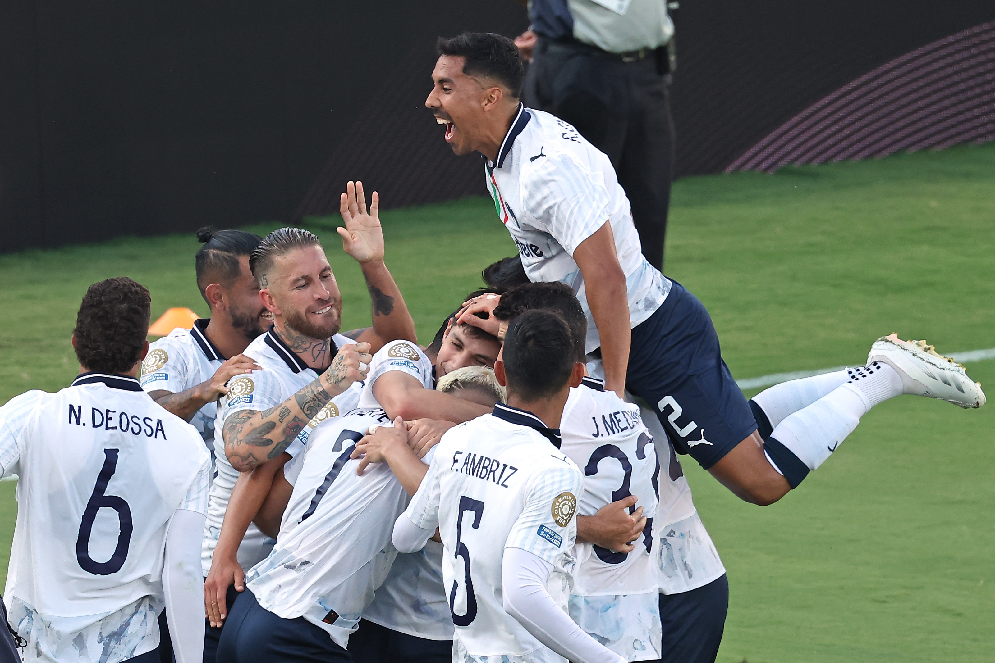 PASADENA, CALIFORNIA - JUNE 25: Players of CF Monterrey celebrate German Berterame #7 after scoring his team's second goal during the FIFA Club World Cup 2025 group E match between Urawa Red Diamonds and CF Monterrey at Rose Bowl Stadium on June 25, 2025 in Pasadena, California. (Photo by Leon Bennett - FIFA/FIFA via Getty Images)