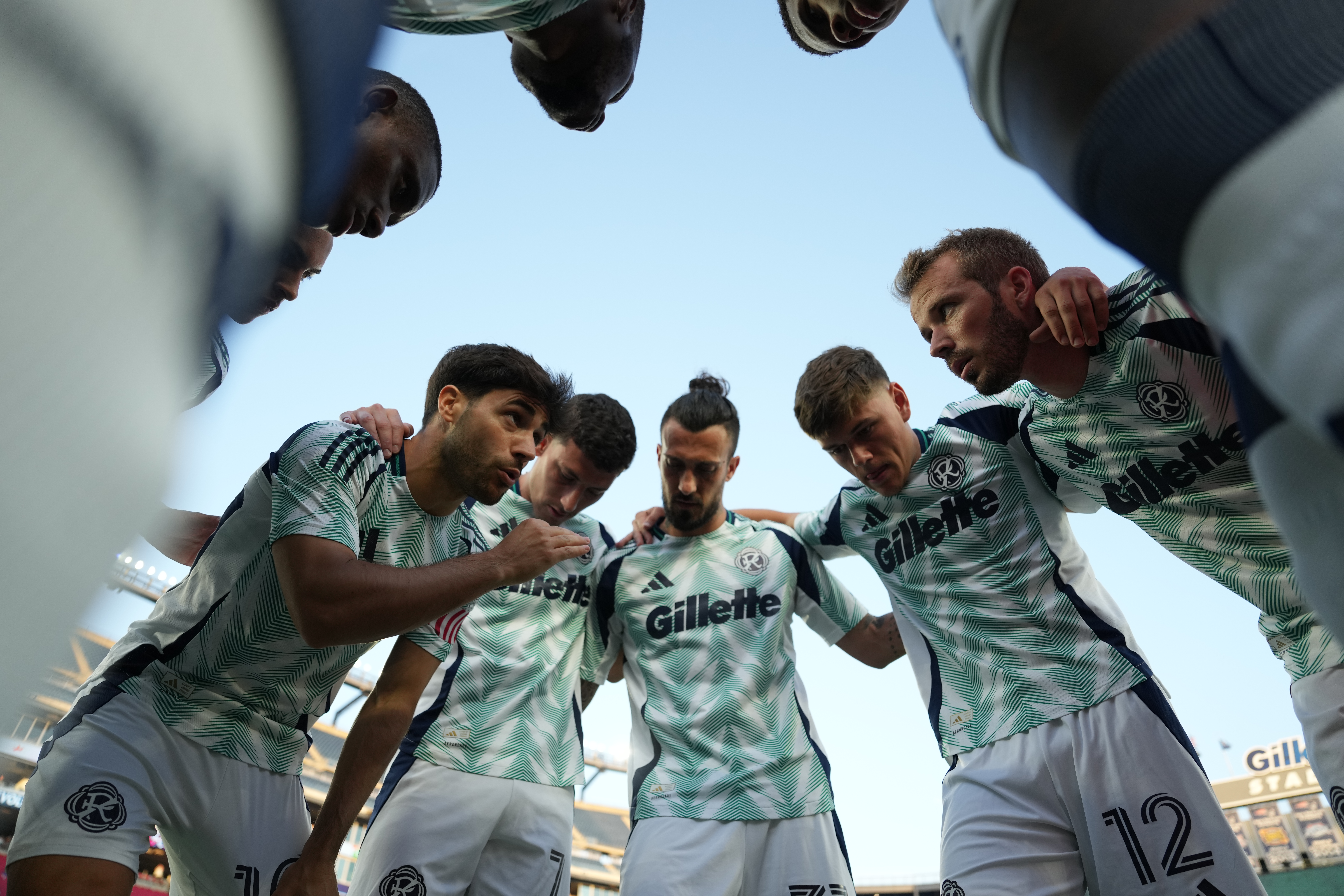 6/25/25 New England Revolution players huddle up before the match against Nashville SC. Mandatory Credit: NE Revolution