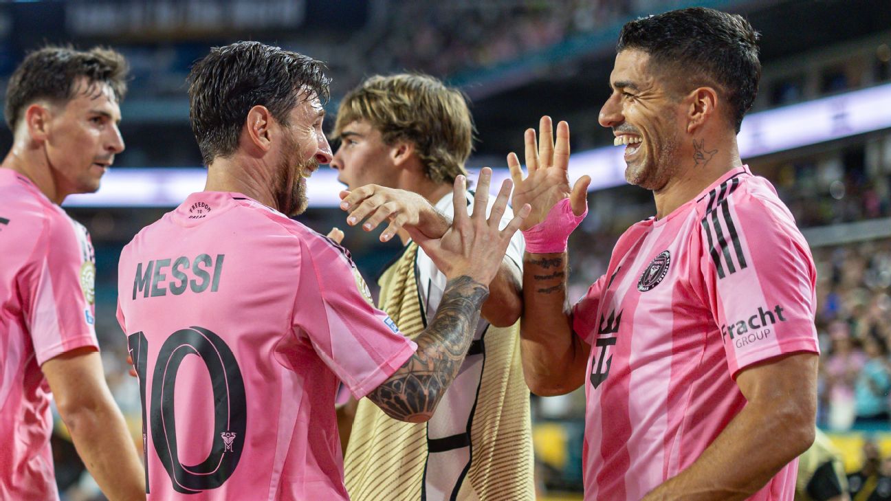 6/23/25 Luis Suarez and Leo Messi celebrate advancing to the Round of 16. Photo by Rodolfo Buhrer/Sports Press Photo/Getty Images