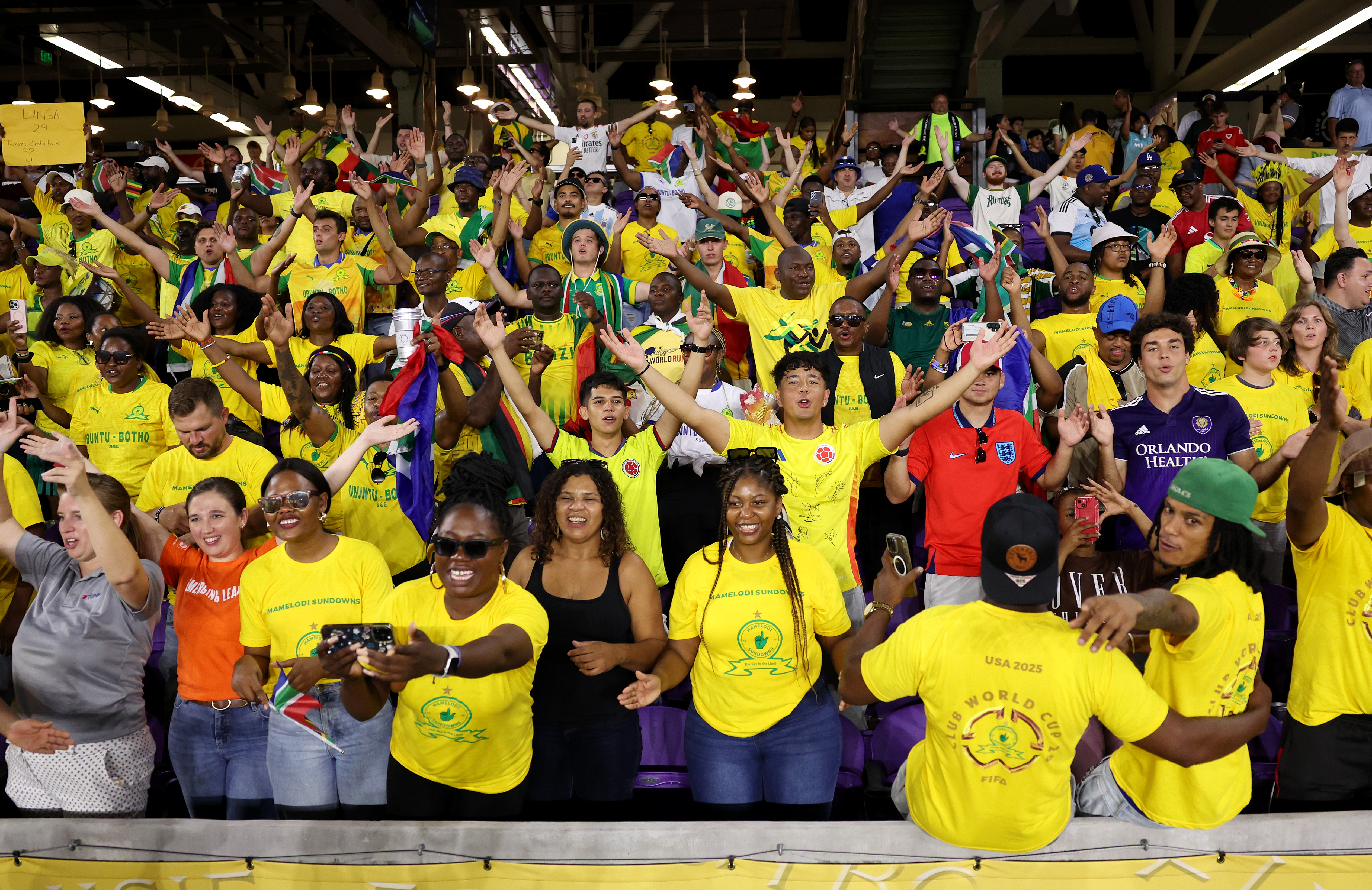 ORLANDO, FLORIDA - JUNE 17: Mamelodi Sundowns FC fans cheer following the FIFA Club World Cup 2025 group F match between Ulsan HD FC and Mamelodi Sundowns FC at Inter&Co Stadium on June 17, 2025 in Orlando, Florida. (Photo by Alex Livesey - FIFA/FIFA via Getty Images)