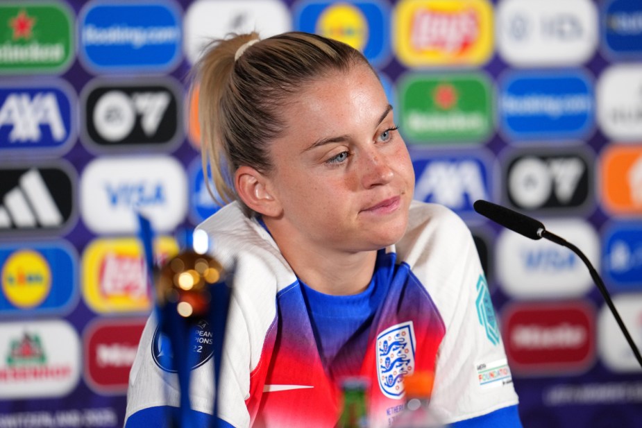 ZURICH, SWITZERLAND - JULY 09: Alessia Russo of England speaks to the media in a post match press conference following the team's victory in the UEFA Women's EURO 2025 Group D match between England and Netherlands at Stadion Letzigrund on July 09, 2025 in Zurich, Switzerland. (Photo by Aitor Alcalde - UEFA/UEFA via Getty Images)