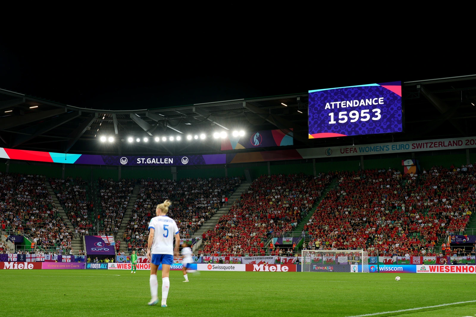 ST GALLEN, SWITZERLAND - JULY 13: A general view inside the stadium as the attendance figure of 15,953 is displayed on the LED screen during the UEFA Women's EURO 2025 Group D match between England and Wales at Arena St. Gallen on July 13, 2025 in St Gallen, Switzerland. (Photo by Alex Caparros - UEFA/UEFA via Getty Images)