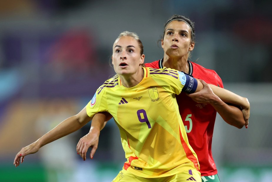 Tessa Wullaert of Belgium is challenged by Carole Costa of Portugal during the UEFA Women's EURO 2025 Group B match between Portugal and Belgium at Stade de Tourbillon on July 11, 2025 in Sion, Switzerland. (Photo by Charlotte Wilson - UEFA/UEFA via Getty Images)
