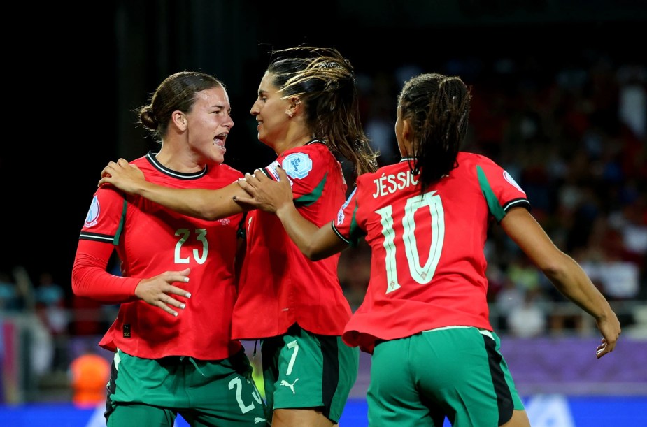 SION, SWITZERLAND - JULY 11: Telma Encarnacao of Portugal celebrates scoring her team's first goal with teammates Francisca Nazareth and Jessica Silva during the UEFA Women's EURO 2025 Group B match between Portugal and Belgium at Stade de Tourbillon on July 11, 2025 in Sion, Switzerland. (Photo by Charlotte Wilson - UEFA/UEFA via Getty Images)