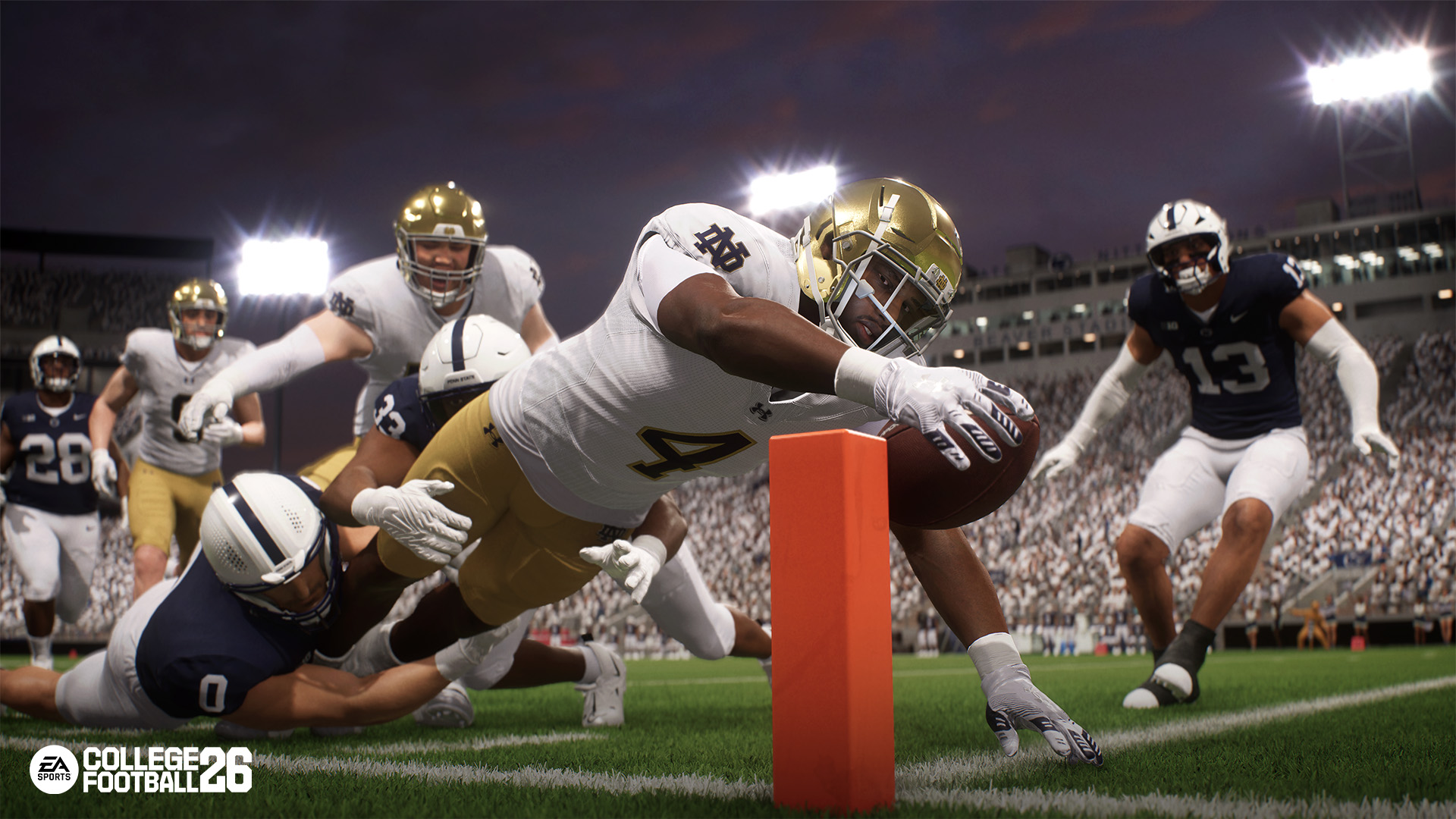 Notre Dame reaches for the end zone.
