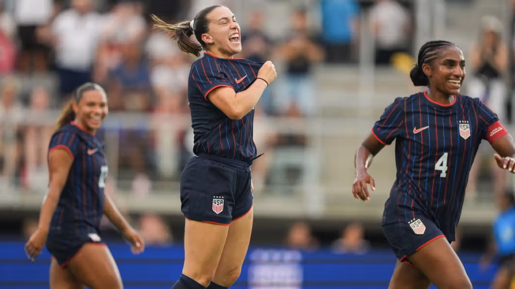 7/2/25 Sleepy Hollow, NY Native Sam Coffey celebrating her goal against Canada and displaying pride for the United States of America, something we haven't seen from this team in a long time. Mandatory Credit: USWNT