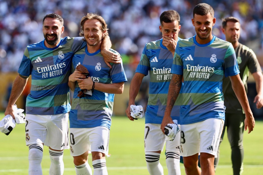 7/5/25, East Rutherford, New Jersey, MetLife Real Madrid C.F. players share a laugh ahead of their FIFA Club World Cup 2025 quarterfinal clash against Borussia Dortmund. Mandatory Credit: Bad Dawg Sports/Jose Pichirilo