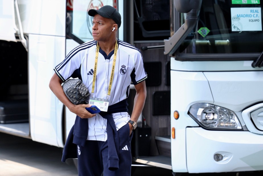 7/5/25, East Rutherford, New Jersey, MetLife Stadium, Real Madrid’s French forward #09 Kylian Mbappé arrives ahead of the FIFA Club World Cup 2025 quarterfinal clash between Spain’s Real Madrid and Germany’s Borussia Dortmund. Mandatory Credit: Bad Dawg Sports/Jose Pichirilo