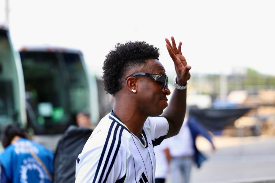 7/5/25, East Rutherford, New Jersey, MetLife Stadium, Vinicius Junior #7 of Real Madrid arrives at the stadium prior to the FIFA Club World Cup 2025 quarter-final match between Real Madrid CF and Borussia Dortmund. Mandatory Credit: Bad Dawg Sports/Jose Pichirilo