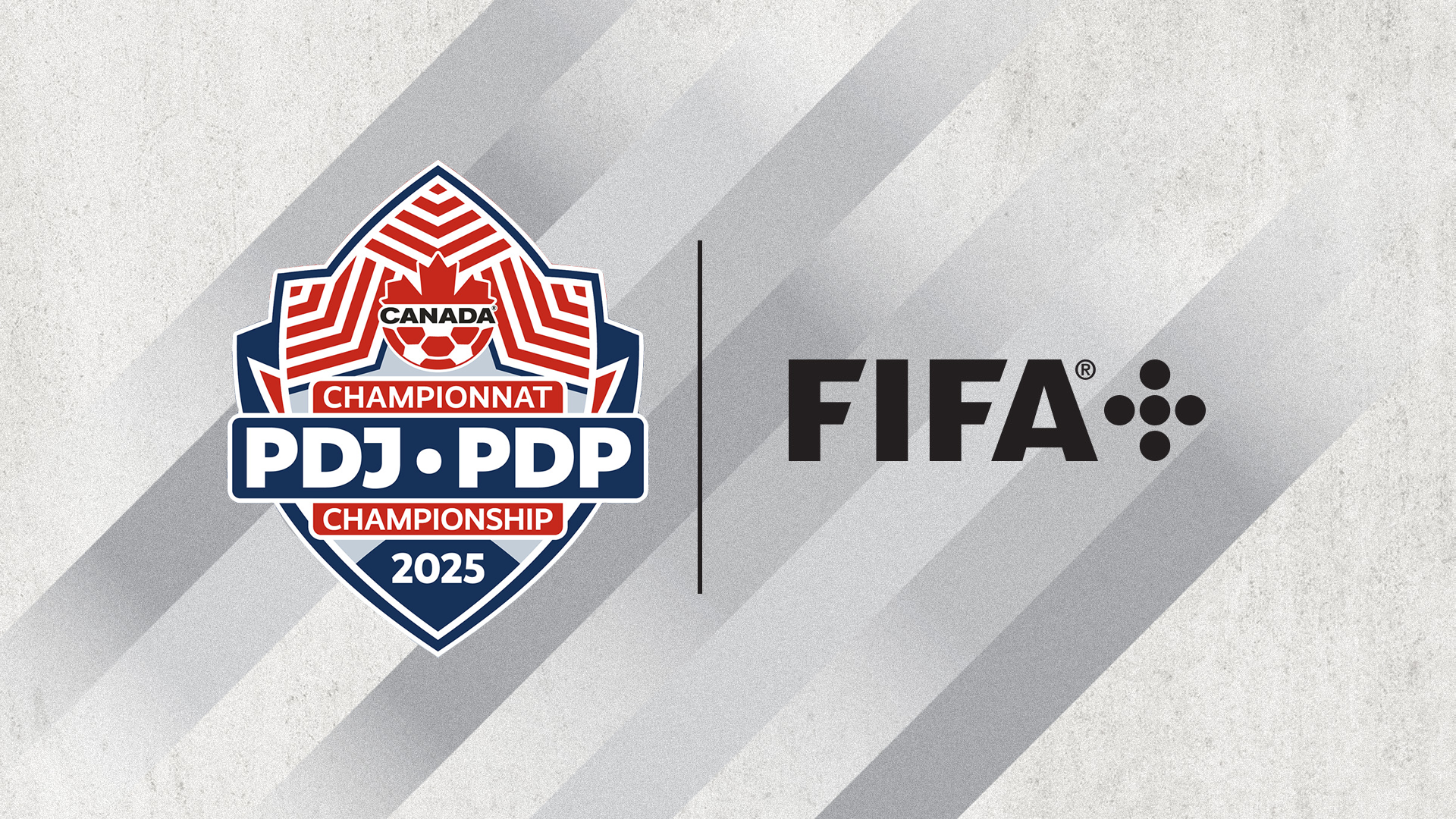 Official partnership graphic featuring the 2025 PDP Championship logo alongside the FIFA+ logo on a geometric gray background, announcing the global broadcast collaboration