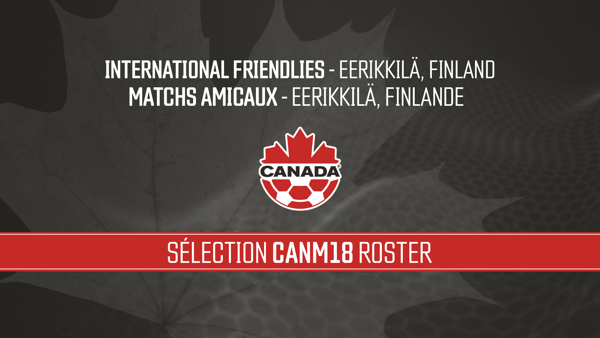 Official Canada Soccer graphic announcing the CANM18 roster selection for international friendlies in Eerikkilä, Finland, featuring the Canada Soccer logo on a dark background with soccer ball patterns