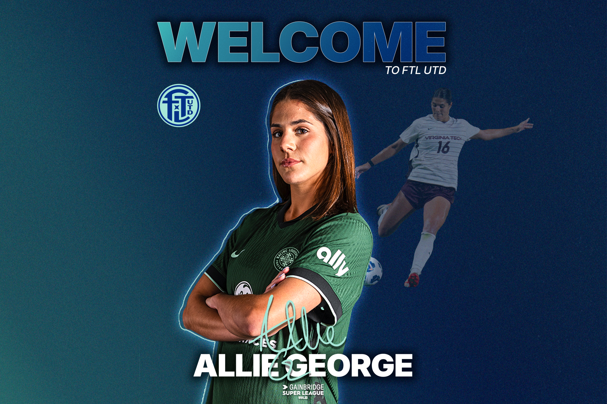 Defender Allie George poses in Fort Lauderdale United FC home kit after signing on loan from Racing Louisville FC for 2025/26 Gainbridge Super League season. Her defense should help bolster Ft Lauderdales back line.