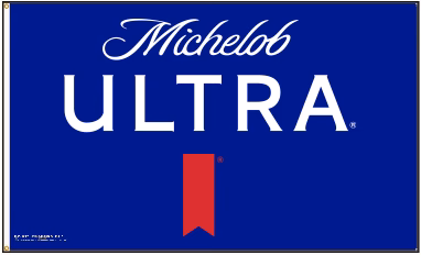 Michelob Ultra logo with white cursive script and bold text on royal blue background featuring red ribbon banner