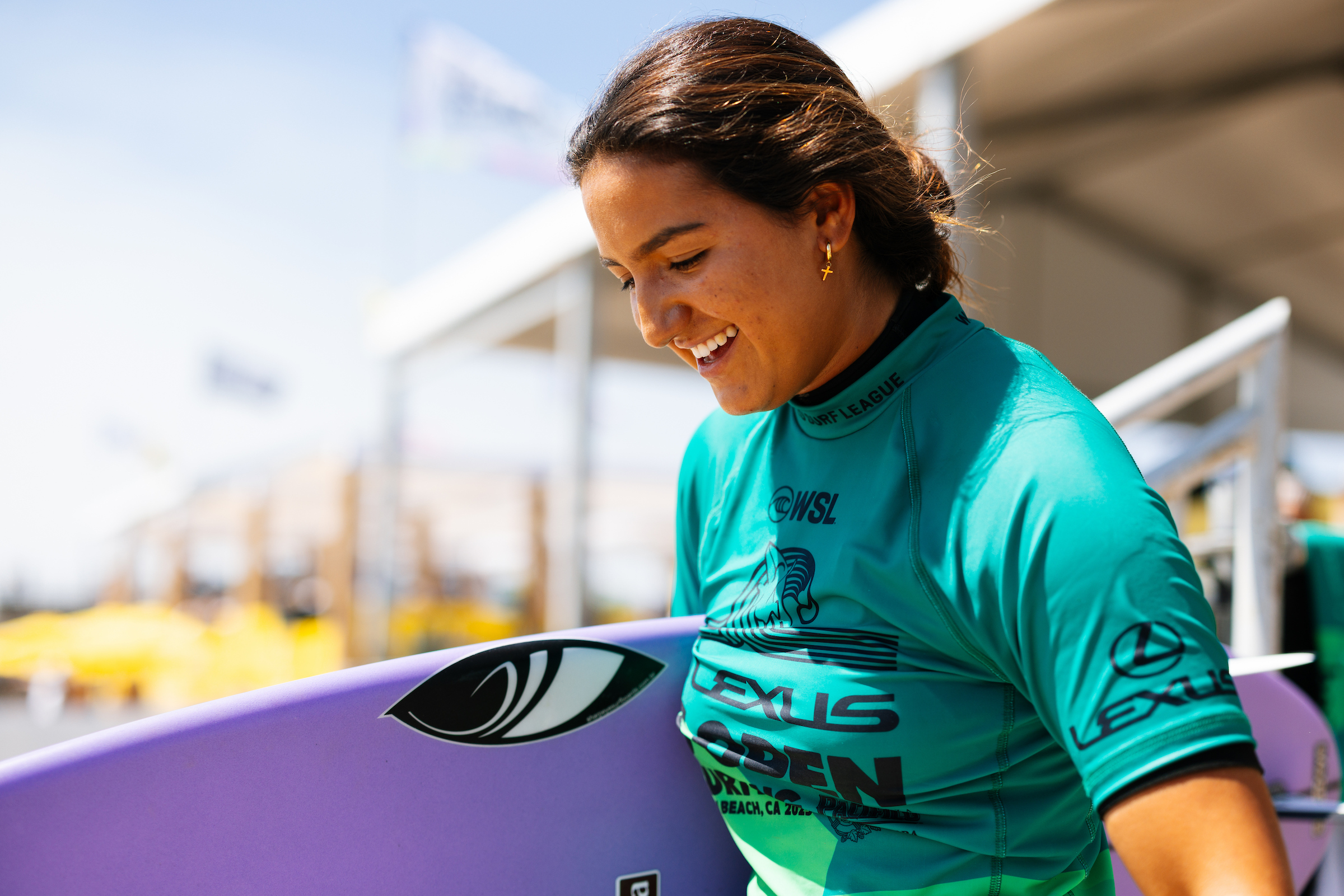 HUNTINGTON BEACH, CALIFORNIA - AUGUST 2: Sophia Medina of Brazil prior to surfing in Heat 4 of the Round of 16 at the Lexus US Open of Surfing on August 2, 2025 at Huntington Beach, California. (Photo by Pat Nolan/World Surf League)