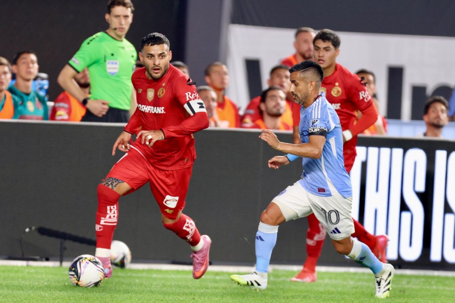 8/5/25, Bronx, New York City, Yankees Stadium, Alexis Vega #9 of Toluca controls the ball past Maxi Rodríguez #10 of New York City FC during first-half action in the Leagues Cup. Mandatory Credit: Jose Pichirilo/Bad Dawg Sports