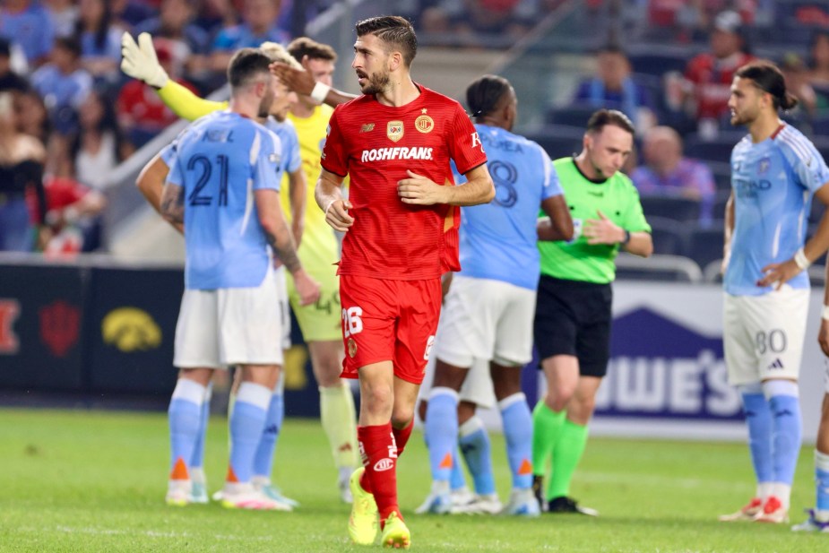 8/5/25, Bronx, New York City, Yankees Stadium, Paulinho #26 of Deportivo Toluca FC walks off after confirming his second goal of the match wasn’t ruled offside during the first half of the Leagues Cup. Mandatory Credit: Jose Pichirilo/Bad Dawg Sports