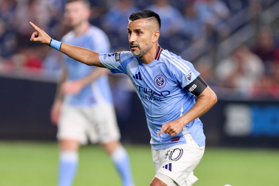 8/5/25, Bronx, New York City, Yankees Stadium, Maxi Rodríguez #10 of New York City FC gives directions to his teammates during first-half action in the Leagues Cup. Mandatory Credit: Jose Pichirilo/Bad Dawg Sports