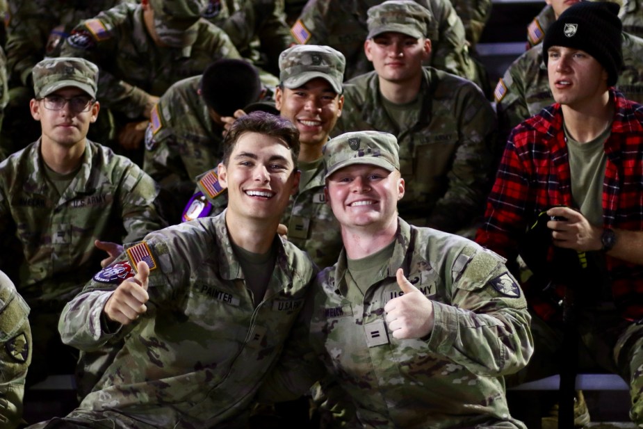 8/28/25, West Point, New York, Michie Stadium, Army cadets smile from the stands during the Army vs Tarleton State game. Mandatory Credit: Jose Pichirilo/Bad Dawg Sports