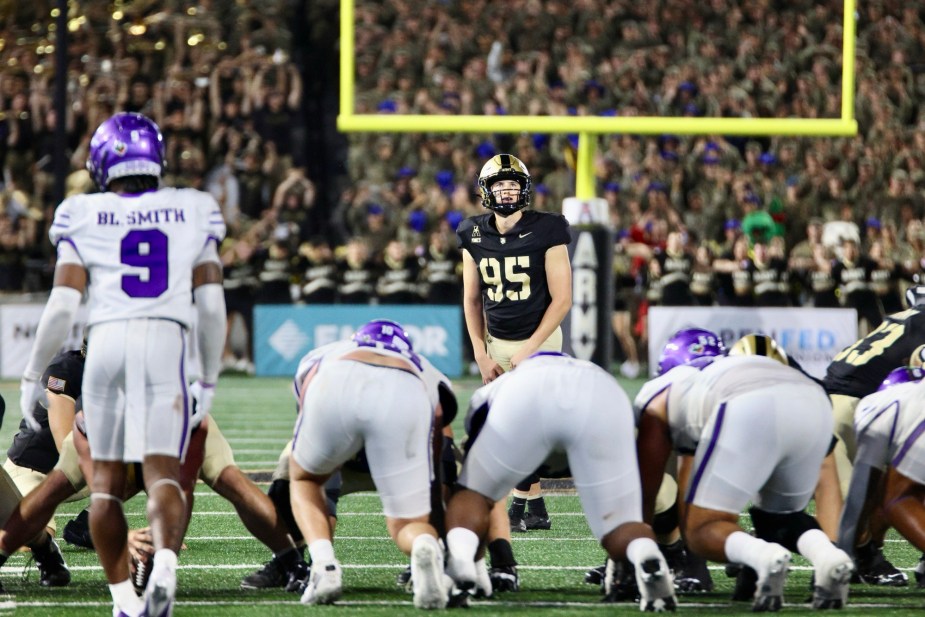 8/28/25, West Point, New York, Michie Stadium, Army kicker Dawson Jones (#95) attempts a field goal against Tarleton State Mandatory Credit: Jose Pichirilo/Bad Dawg Sports