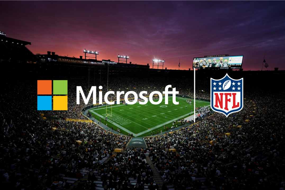 Microsoft and NFL logos displayed over packed football stadium at sunset showcasing technology partnership