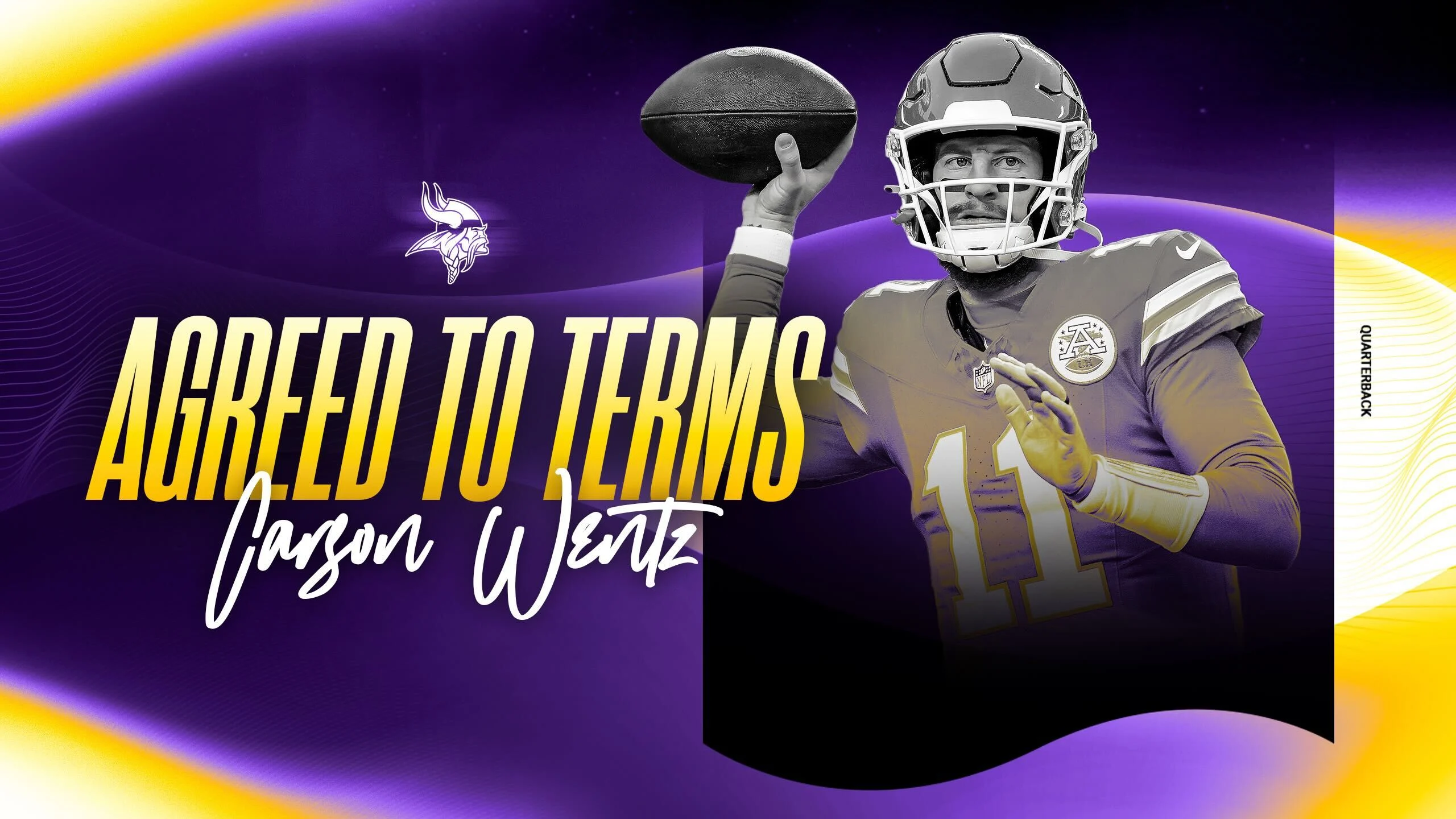 Carson Wentz in Minnesota Vikings uniform after signing with team as veteran backup quarterback behind J.J. McCarthy